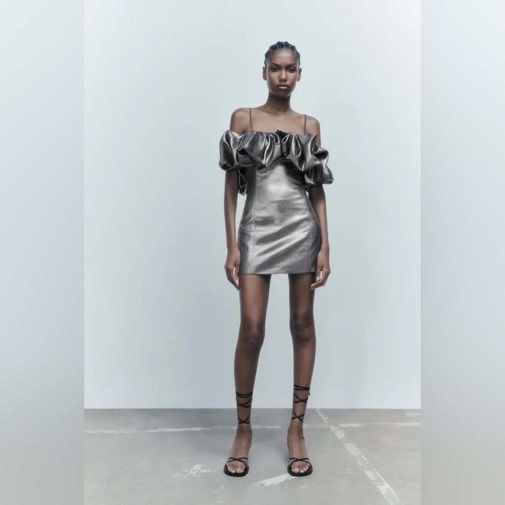 Zara Metallic Silver Ruffle Mini Dress - Picture 6 of 13